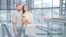  Presentation with mall - Slide set consisting of happy girl with drink and bags and her boyfriend looking at one of departments in the mall while standing on escalator background and a light blue colored foreground