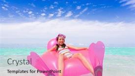  Presentation with mattress - Presentation enhanced with happy girl with flippers floating on pink chair shaped air mattress on tropical sea background and a coral colored foreground