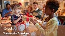  Presentation with christmas dinner - Slide set featuring happy-girl-with-gifts background and a red colored foreground