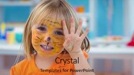  Presentation with happy sad mask face - Slide set enhanced with happy girl with her face background and a  colored foreground