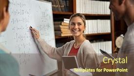  Presentation with whiteboard - Amazing PPT theme having happy-girl-writing-math-formulas backdrop and a tawny brown colored foreground