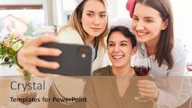  Presentation with hen - PPT theme with happy-girlfriends-make-selfie background and a coral colored foreground