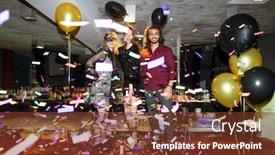  Presentation with elegant party - PPT layouts having happy-girls-and-elegant-guy background and a tawny brown colored foreground