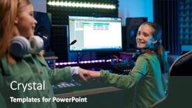  Presentation with radio station - PPT theme with happy-girls-children-at-radio background and a ocean colored foreground