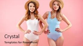  Presentation with pink girly - Theme featuring happy girls dressed in swimsuit background and a coral colored foreground