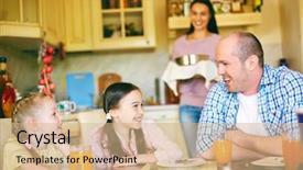  Presentation with father - Presentation design consisting of happy girls talking to their father in the kitchen with mother on background background and a coral colored foreground
