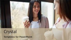  Presentation with discussion - Beautiful slide deck featuring happy girls with drinks having discussion by window backdrop and a mint green colored foreground