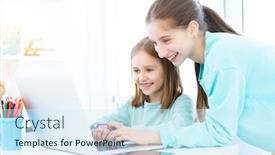  Presentation with computer room - Colorful presentation design enhanced with happy-girls-working-on-computer backdrop and a sky blue colored foreground