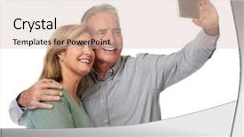  Presentation with selfie - Cool new presentation theme with electroincs age - mature couple taking selfie backdrop and a soft green colored foreground