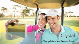  Presentation with happy birthday gold - Audience pleasing PPT theme consisting of happy golfer couple taking self backdrop and a light blue colored foreground