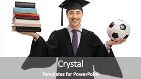  Presentation with stack books - PPT theme enhanced with happy graduate student holding background and a dark gray colored foreground