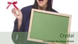  Presentation with race - Amazing slide set having happy graduating mixed race female wearing cap and gown holding a blank chalkboard and diploma isolated on a white background backdrop and a seafoam green colored foreground