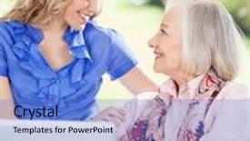  Presentation with nursing - PPT layouts featuring happy granddaughter and grandmother looking at each other while using laptop on nursing home porch background and a teal colored foreground