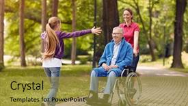  Presentation with grandfather - Slides featuring healthcare spending - happy granddaughter welcoming her disabled background and a gold colored foreground