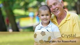  Presentation with grandfather - Beautiful presentation design featuring happy grandfather and child have fun and play in park backdrop and a yellow colored foreground