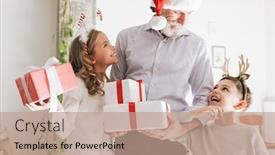  Presentation with grandfather - Audience pleasing PPT theme consisting of happy-grandfather-giving-christmas-gifts backdrop and a coral colored foreground