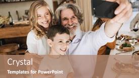  Presentation with christmas dinner - Beautiful PPT theme featuring happy-grandfather-taking-a-selfie backdrop and a coral colored foreground