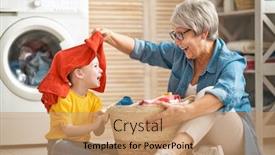  Presentation with grandma - Presentation design enhanced with happy grandma and child girl little helper are having fun and smiling while doing laundry at home background and a coral colored foreground