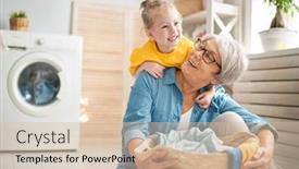  Presentation with grandma - Cool new theme with happy grandma and child girl little helper are having fun and smiling while doing laundry at home backdrop and a soft green colored foreground