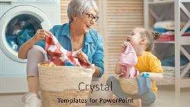  Presentation with grandma - Slide deck featuring happy grandma and child girl little helper are having fun and smiling while doing laundry at home background and a coral colored foreground
