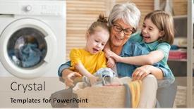  Presentation with grandma - Audience pleasing presentation theme consisting of happy grandma and children girls little helpers are having fun and smiling while doing laundry at home backdrop and a coral colored foreground