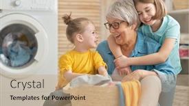  Presentation with grandma - Slide set having happy grandma and children girls little helpers are having fun and smiling while doing laundry at home background and a coral colored foreground