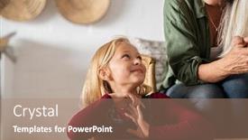  Presentation with woman child - PPT theme consisting of happy grandmother and beautiful granddaughter looking at each other while solving puzzle smiling girl trying to solve jigsaw puzzle asking help to old granny child playing at home with senior woman background and a coral colored foreground