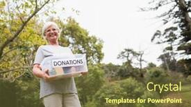  Presentation with donation - Theme enhanced with happy grandmother holding donation box on a sunny day background and a tawny brown colored foreground