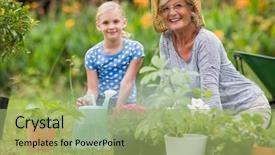  Presentation with gardening - Slide set with happy grandmother with her granddaughter gardening on a sunny day background and a mint green colored foreground