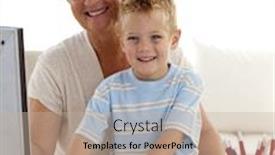  Presentation with computer - Amazing PPT theme having illustration of a bottle with face on a white background backdrop and a sky blue colored foreground