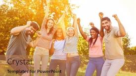 Presentation with team group - Presentation theme consisting of happy-group-as-a-successful background and a coral colored foreground