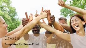  Presentation with teambuilding - Slide deck consisting of happy-group-cheers-with-thumbs background and a coral colored foreground