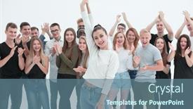  Presentation with team leader - Slide deck enhanced with happy-group-leader-standing background and a ocean colored foreground