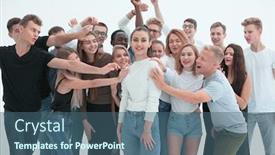  Presentation with team leader - Slide deck enhanced with happy-group-leader-standing background and a ocean colored foreground