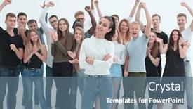  Presentation with team leader - Slide set consisting of happy-group-leader-standing background and a ocean colored foreground