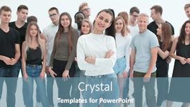  Presentation with team leader - Slides having happy-group-leader-standing background and a seafoam green colored foreground