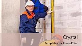  Presentation with builder - PPT theme having happy group men in builder uniform indoor background and a soft green colored foreground