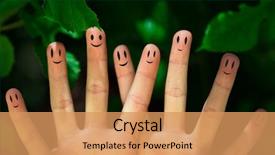  Presentation with finger - Cool new PPT layouts with happy group of finger smileys backdrop and a coral colored foreground