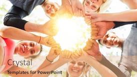  Presentation with group fitness - Beautiful PPT theme featuring happy-group-of-friends-doing backdrop and a coral colored foreground