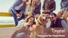  Presentation with filter - Presentation design having happy group of friends hanging out at beach house having fun and drinking beer on autumn day colored filter background and a coral colored foreground
