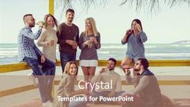  Presentation with filter - Cool new presentation design with happy group of friends hanging out at beach house having fun and drinking beer on autumn day colored filter backdrop and a coral colored foreground