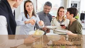  Presentation with spaghetti - Beautiful PPT theme featuring happy-group-of-friends-serve backdrop and a coral colored foreground