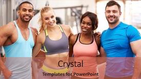  Presentation with community service happy volunteer group - Slide set enhanced with happy group of gym buddies background and a coral colored foreground