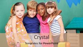  Presentation with happy kids - Presentation theme having happy group of kids embracing background and a coral colored foreground