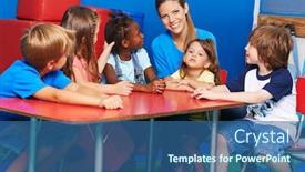  Presentation with happy kids - Slide deck featuring happy-group-of-kids-sits background and a ocean colored foreground