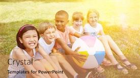  Presentation with kids garden - PPT theme featuring happy group of kids in summer in the garden as interracial friends smiling background and a coral colored foreground