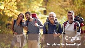  Presentation with hiking - Amazing presentation design having happy-group-of-people-hiking backdrop and a coral colored foreground
