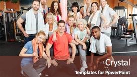  Presentation with trainer - PPT theme enhanced with happy group of people at the gym with trainer and senior women background and a tawny brown colored foreground