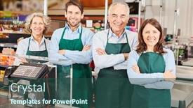  Presentation with people in sales - Cool new theme with happy-group-of-sales-people backdrop and a ocean colored foreground