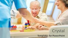  Presentation with happy retirement - PPT theme having happy-group-of-seniors background and a coral colored foreground